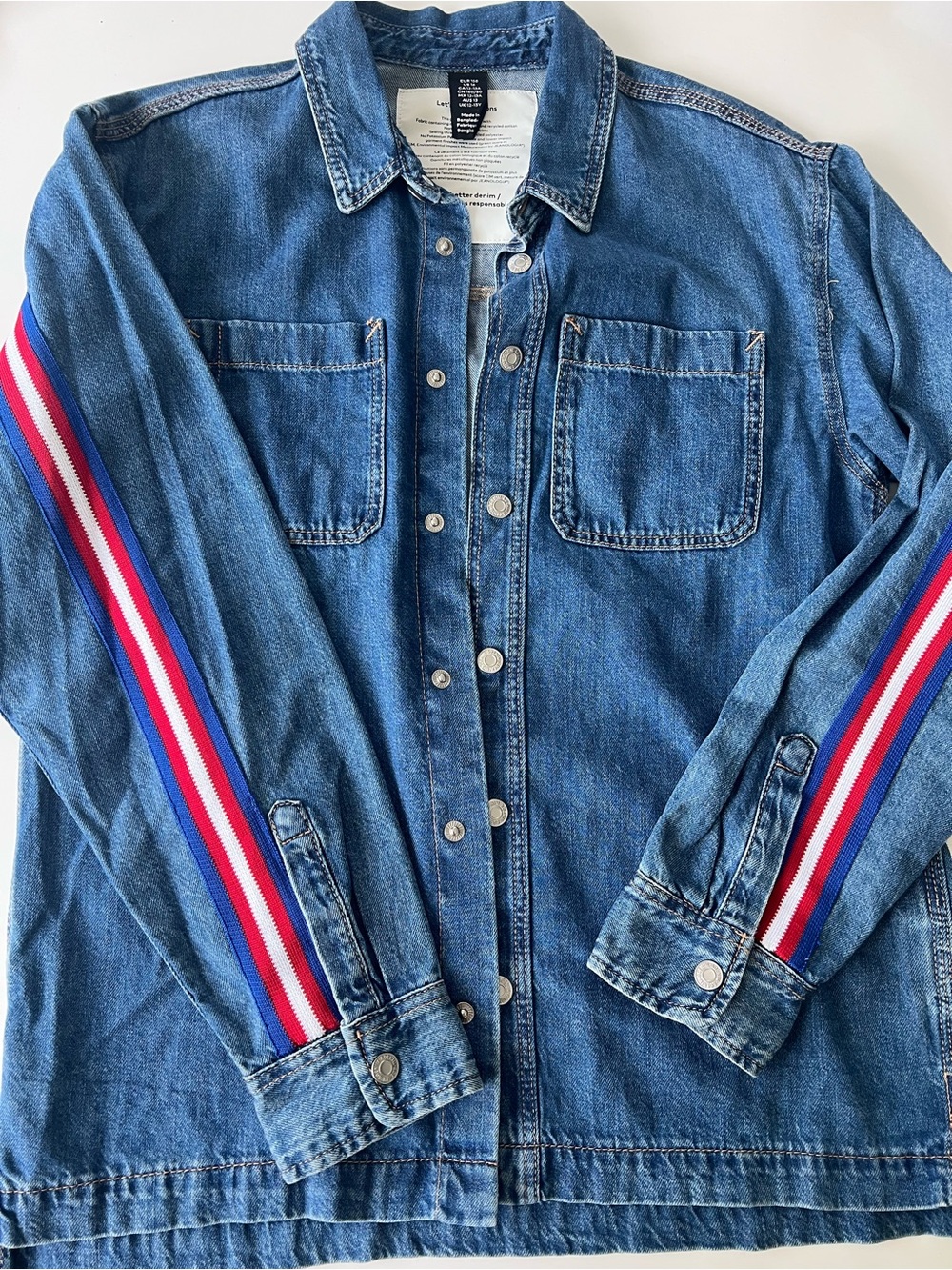 H&M Denim Button-Down Shirt with Red, White & Blue Stripe Trim